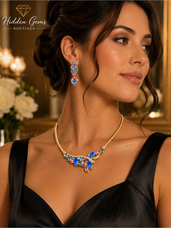 Jewelry - Multicolor Crystal Gold Necklace & Earring Set